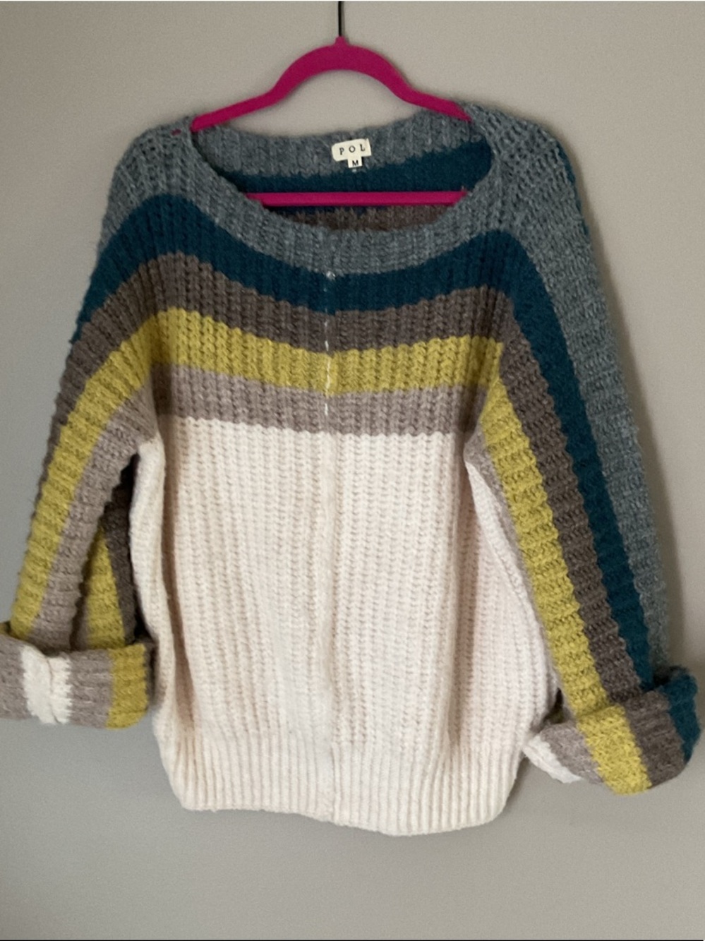 POL Cream Sweater with Teal, Olive, Gray & Yellow Stripes